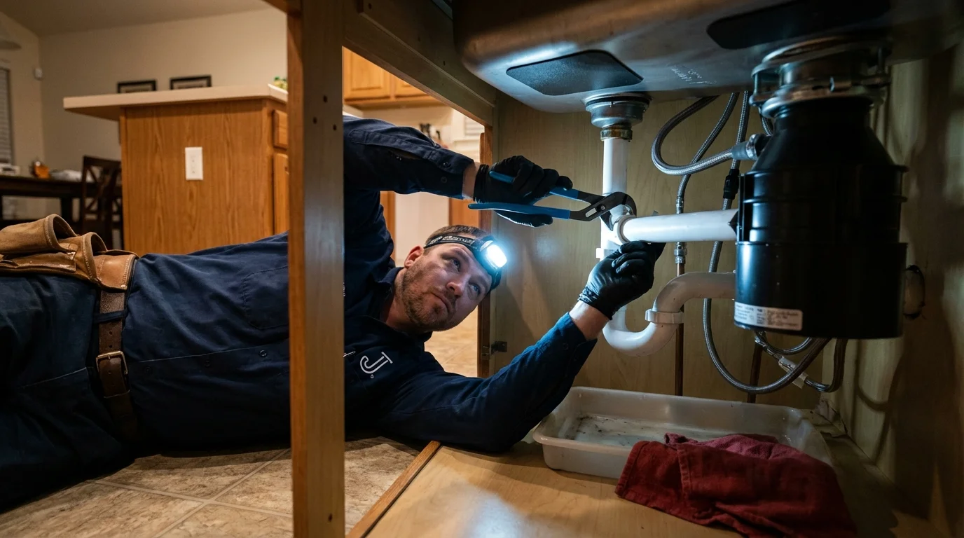 P-trap and supply line connections under a kitchen sink showing a common leak point in Collierville, TN